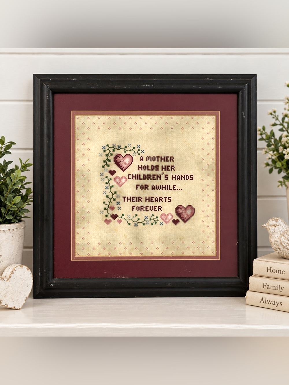Vintage Framed Handmade Cross Stitch Mother's Love Heart Wall Art 15.5"